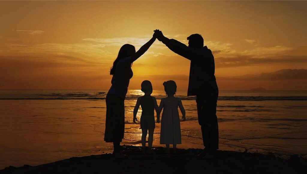 ai generated, family, beach, nature, sunset, children, future, cohesion, for each other, togetherness, protection, security, unity, father, mother, silhouette, dawn, sea, sun, community, society