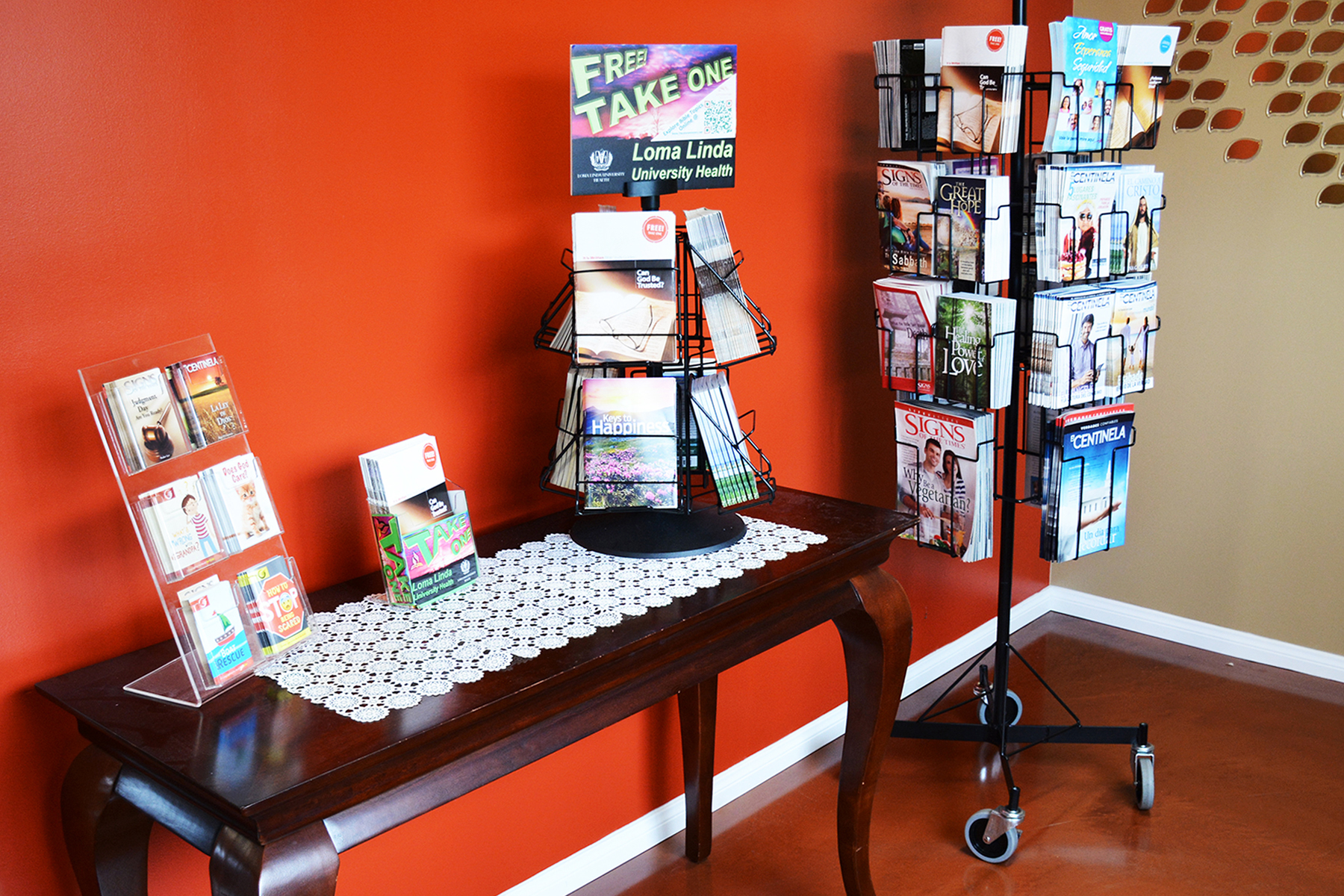 Countertop displays, racks and carousels offer visitors a choice of gospel literature free of charge through the Literature Ministry.