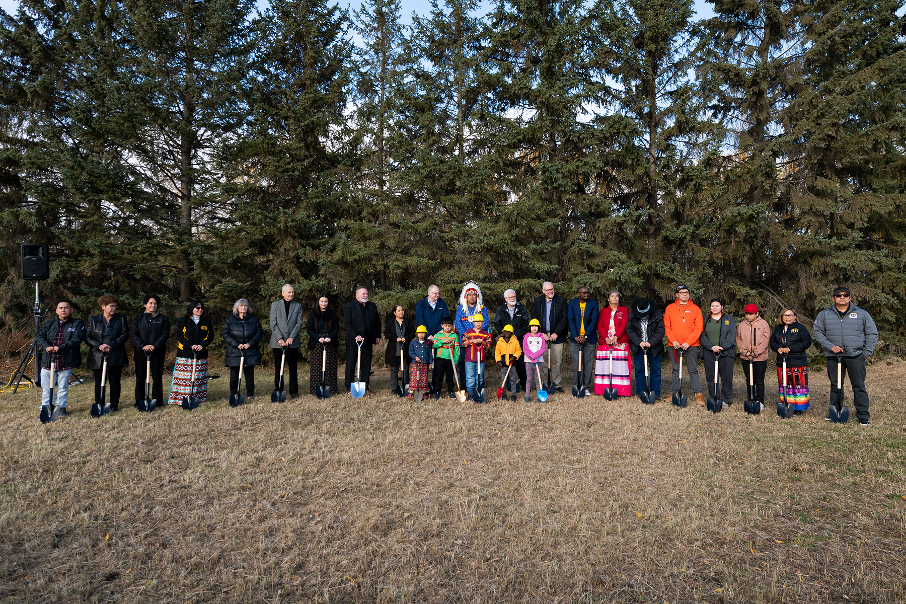 Mamawi Atosketan, or &ldquo;Working Together&rdquo; in Cree, was the theme embraced by speakers and demonstrated in the composition of the MAC Shovel Brigade. The Brigade was composed of Samson Cree Nation counselors and Chief Vernon Saddleback, Maskwacis church members, members of the Wilkins family (Mohawk, major donors), past and acting principals of MANS, and four levels of Adventist Church leadership. Photo: Trevor Boller