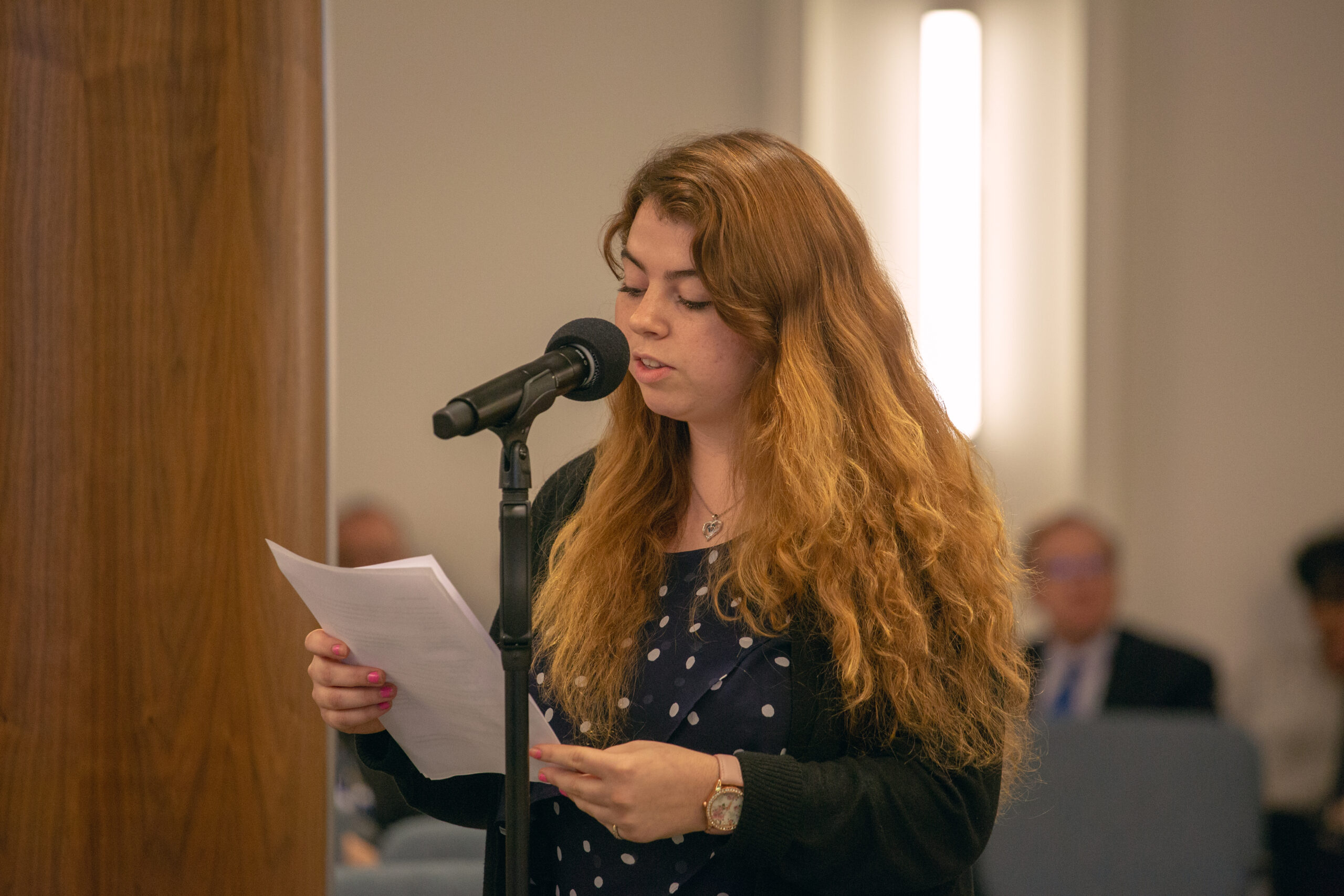 Ashton Hardin, student body president of La Sierra University, reads statement drafted by her colleagues.