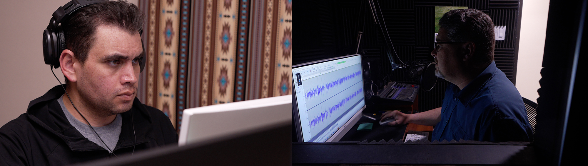Two caucasian men edit in a radio station booth DAR
