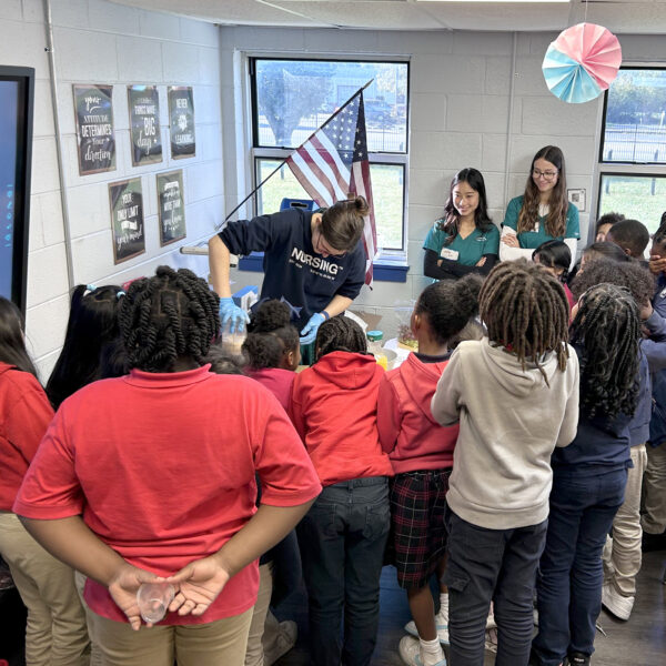 SAU students lead out in a health workshop with 3rd grade students.