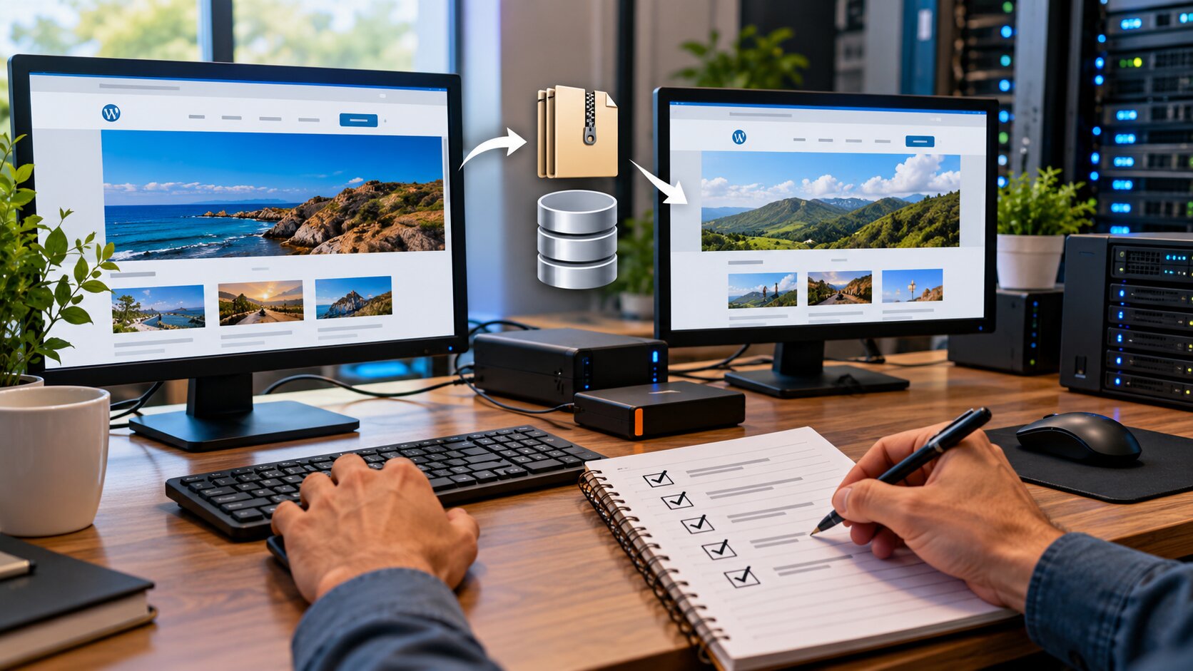 Hands check boxes in a notebook while typing near monitors displaying WordPress sites, floating file icons.