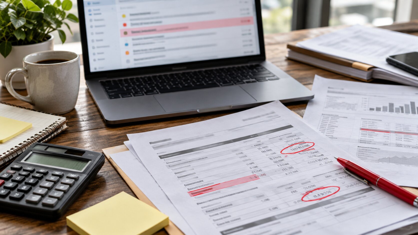 Small business desk reviewing a suspicious working capital proposal email and loan numbers.