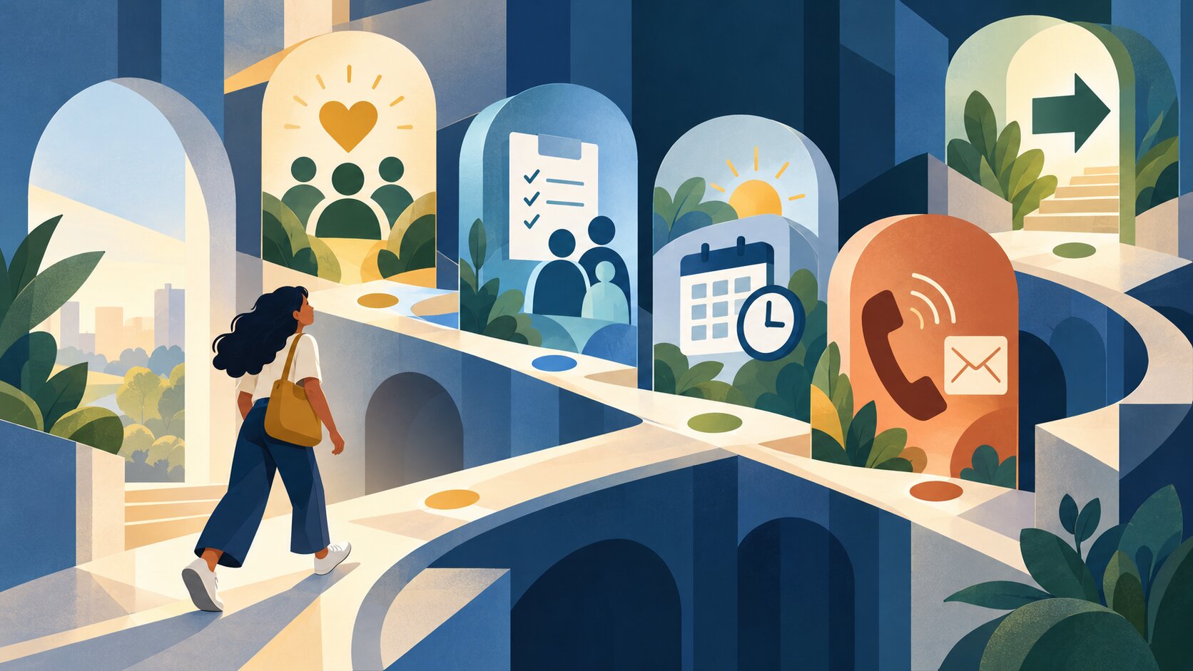 Geometric editorial illustration showing how visitors locate essential nonprofit website information, including programs, schedules, eligibility, contact details, and participation instructions.