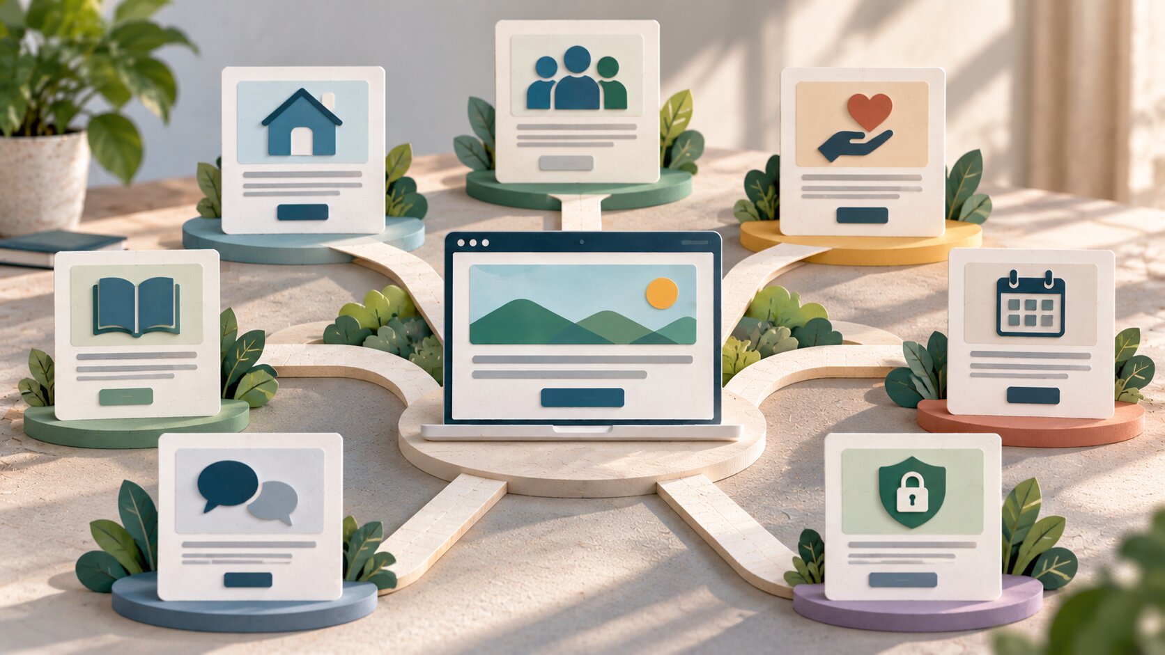 Editorial illustration of essential nonprofit website pages organized around a clear navigation structure, including programs, About, Contact, and participation information.