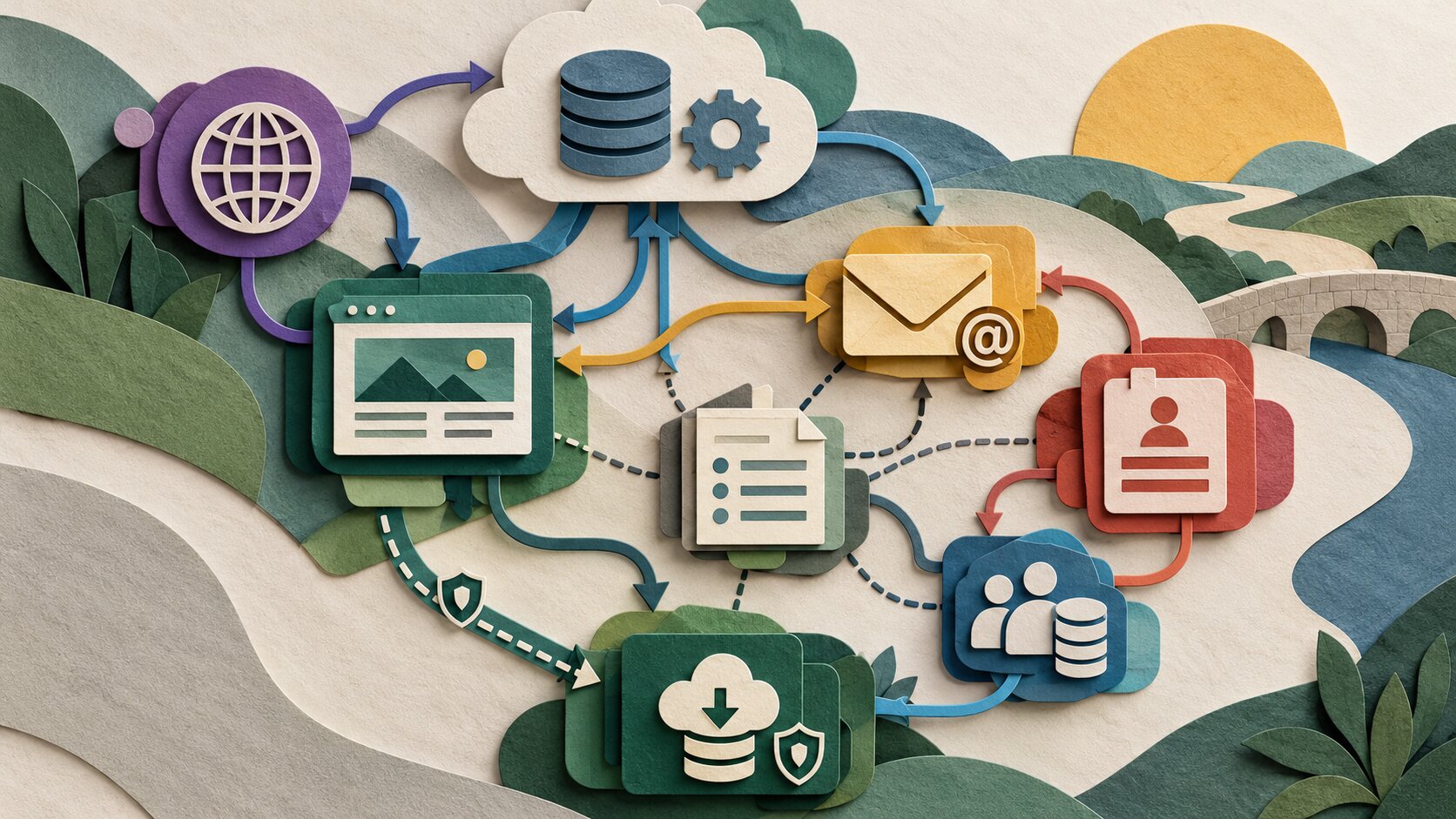 Cut-paper illustration mapping a nonprofit's digital systems, account responsibilities, platform connections, and backup recovery procedures.