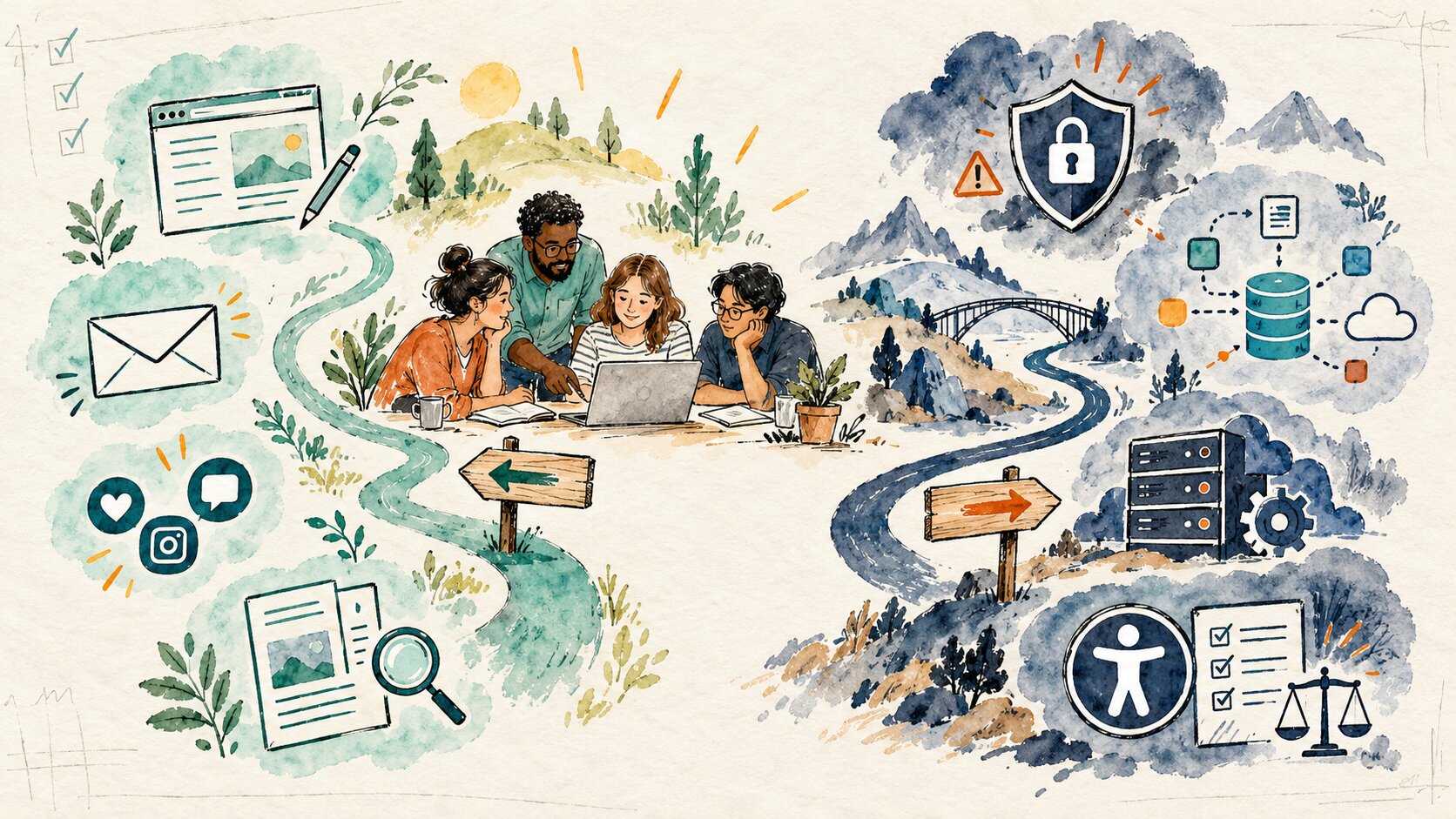 Diverse nonprofit team collaborating outdoors with icons for digital operations like cybersecurity, cloud storage.