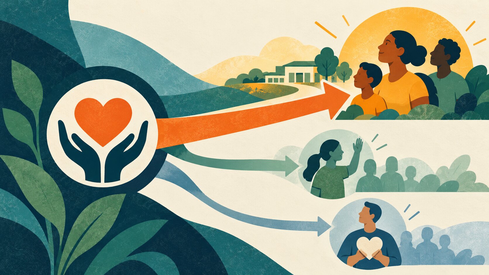 Editorial illustration showing a nonprofit selecting its first marketing priority among program outreach, volunteer recruitment, and supporter engagement.