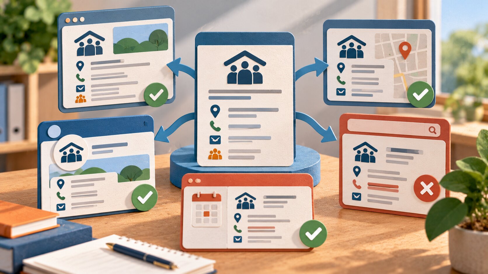 Geometric editorial illustration showing a nonprofit maintaining consistent contact details, program information, and identity across several public platforms.