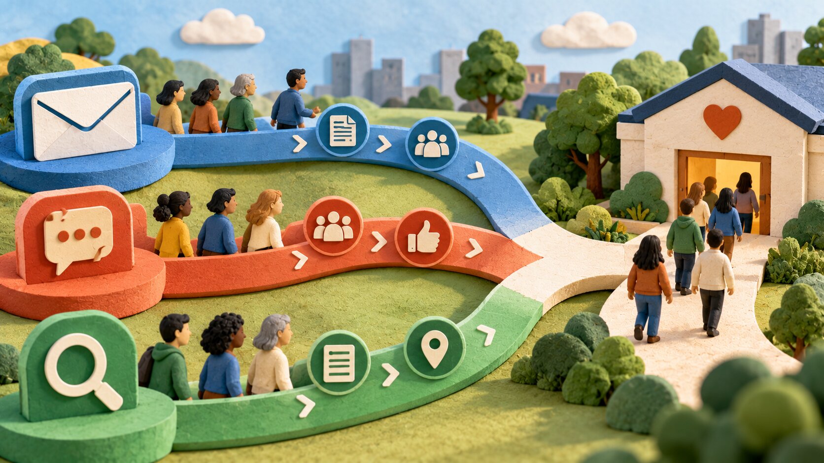 Three colored paths representing nonprofit marketing channels—email, social media, and search—lead figures toward a heart-marked building.