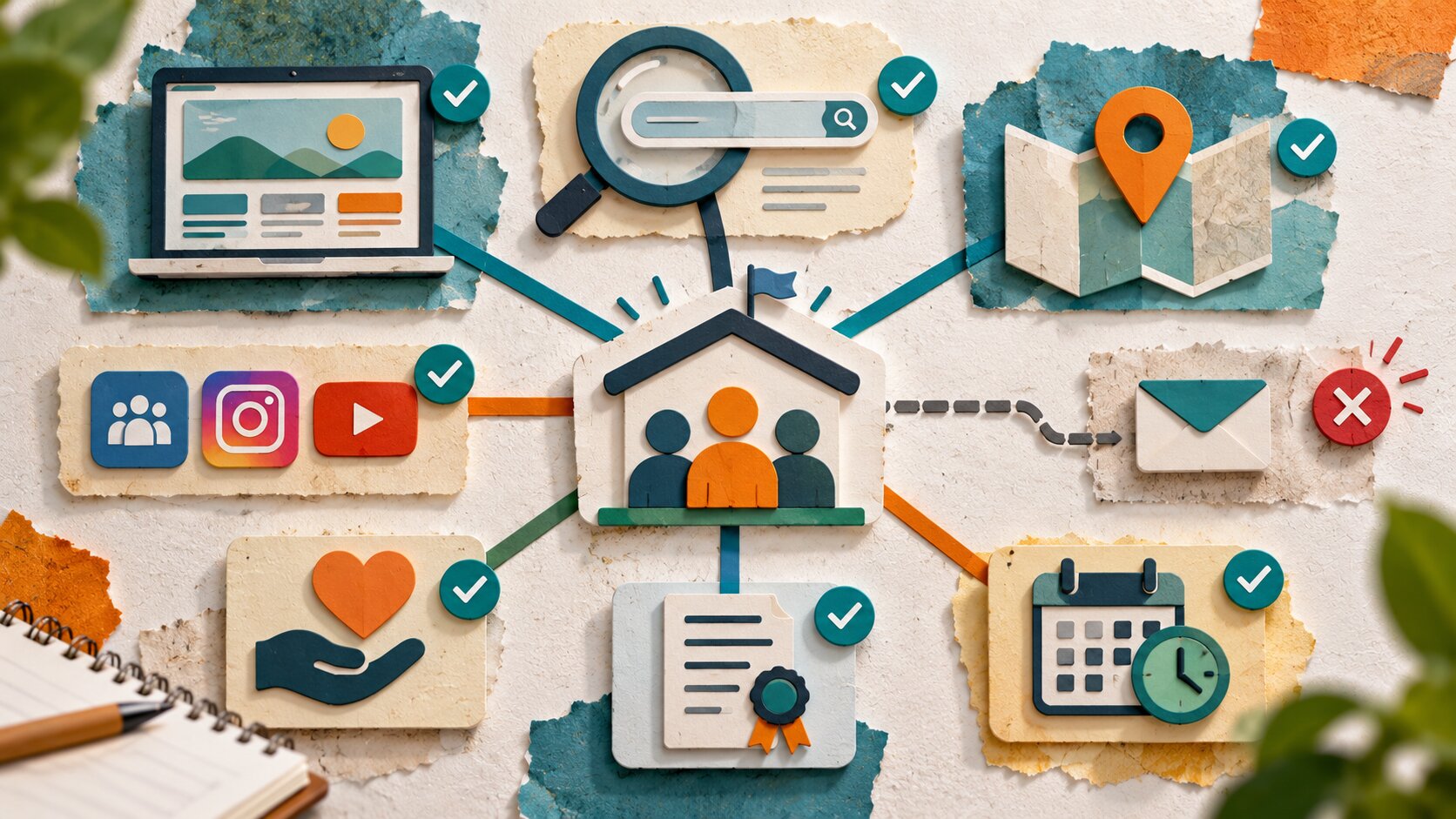 A house icon containing three people represents a nonprofit organization surrounded by digital tools like laptops, search magnifiers.