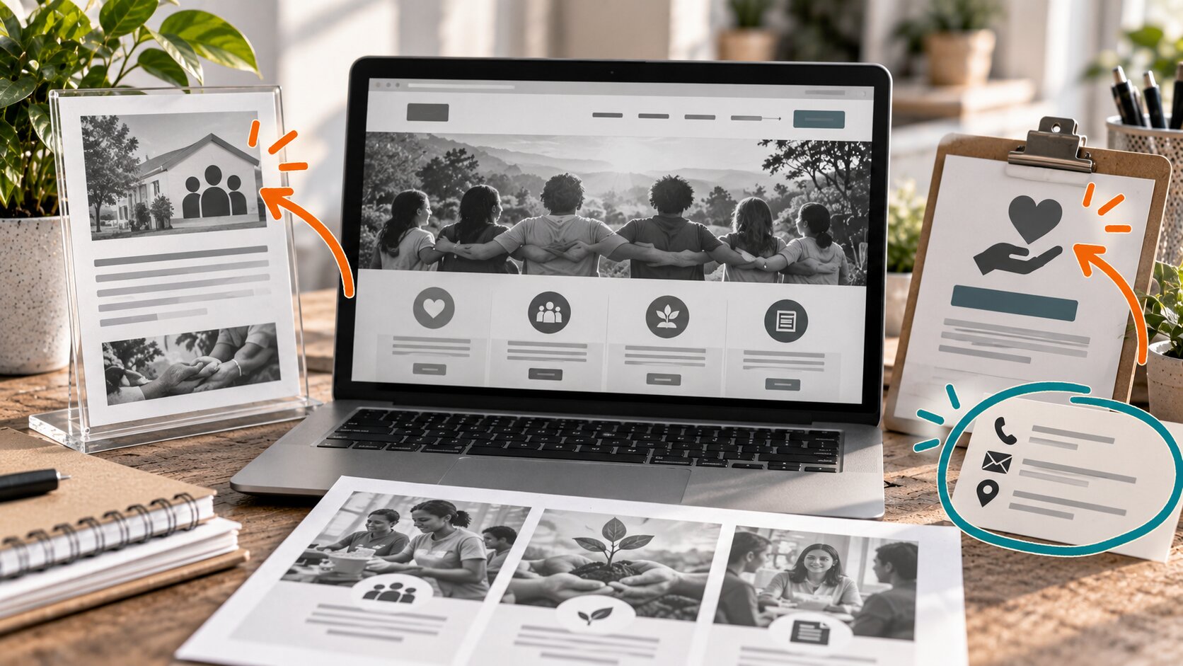 Silver laptop displays grayscale nonprofit site with six back-to-back figures and community icons;.