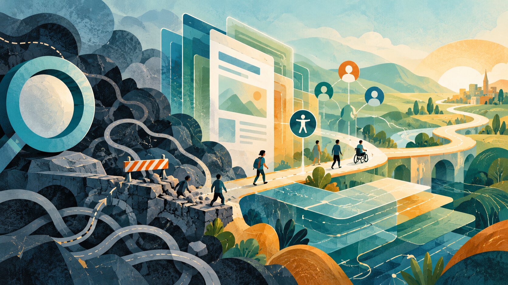 A winding road leads from rocky terrain with construction barriers to a bright digital interface.