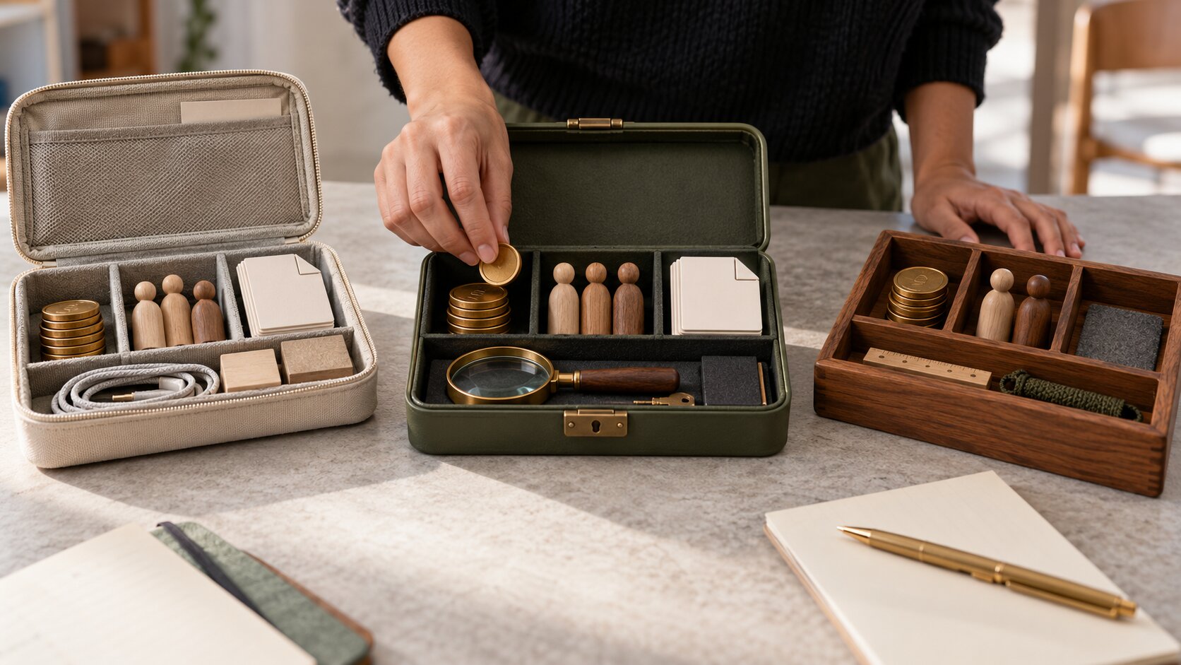 Hands organize tools including wooden peg dolls, gold coins, and a magnifying glass inside three open organizational cases on a tabletop.