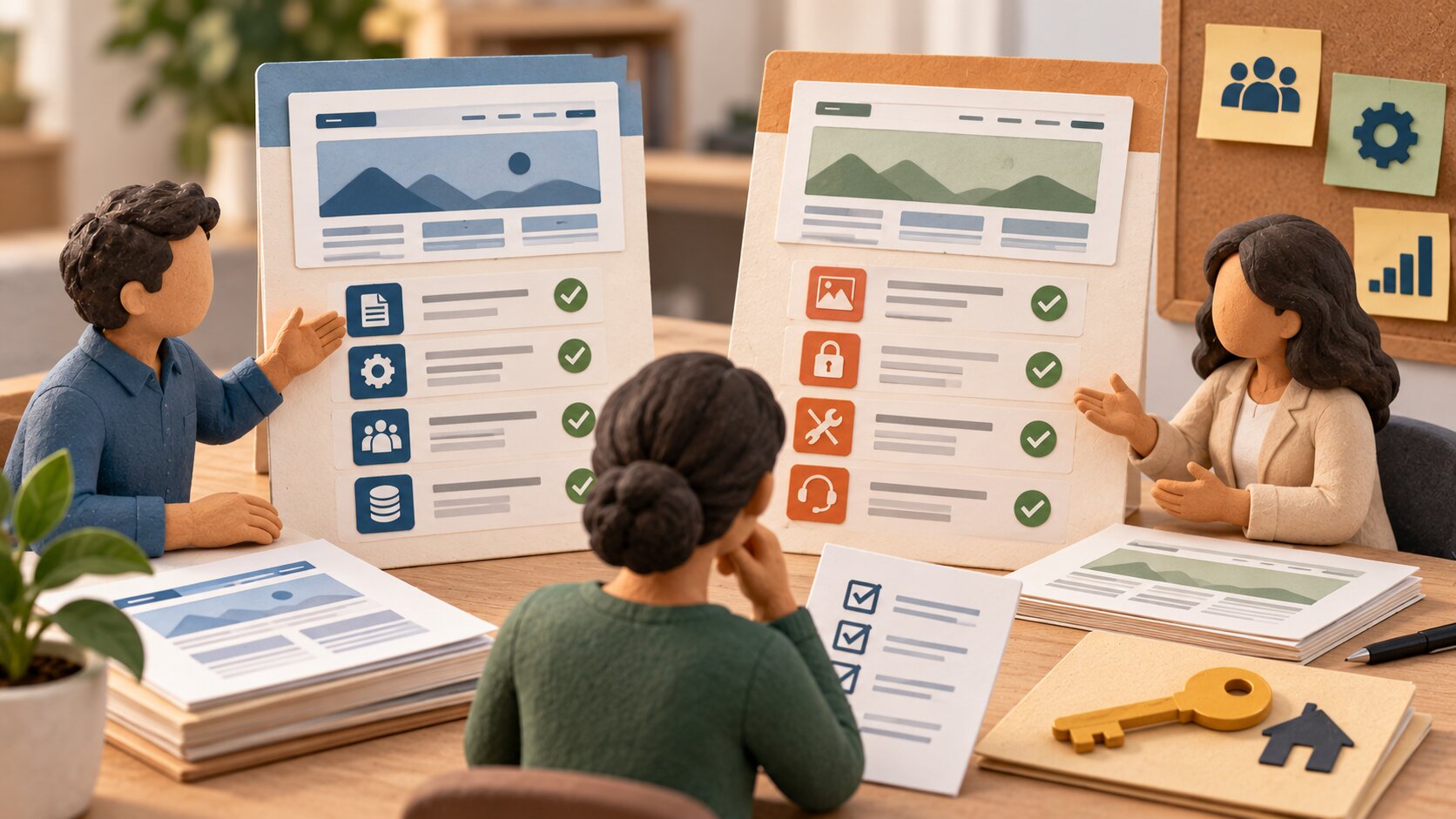 Clay-model editorial illustration of a nonprofit comparing website developer proposals, project scope, ownership, and support.