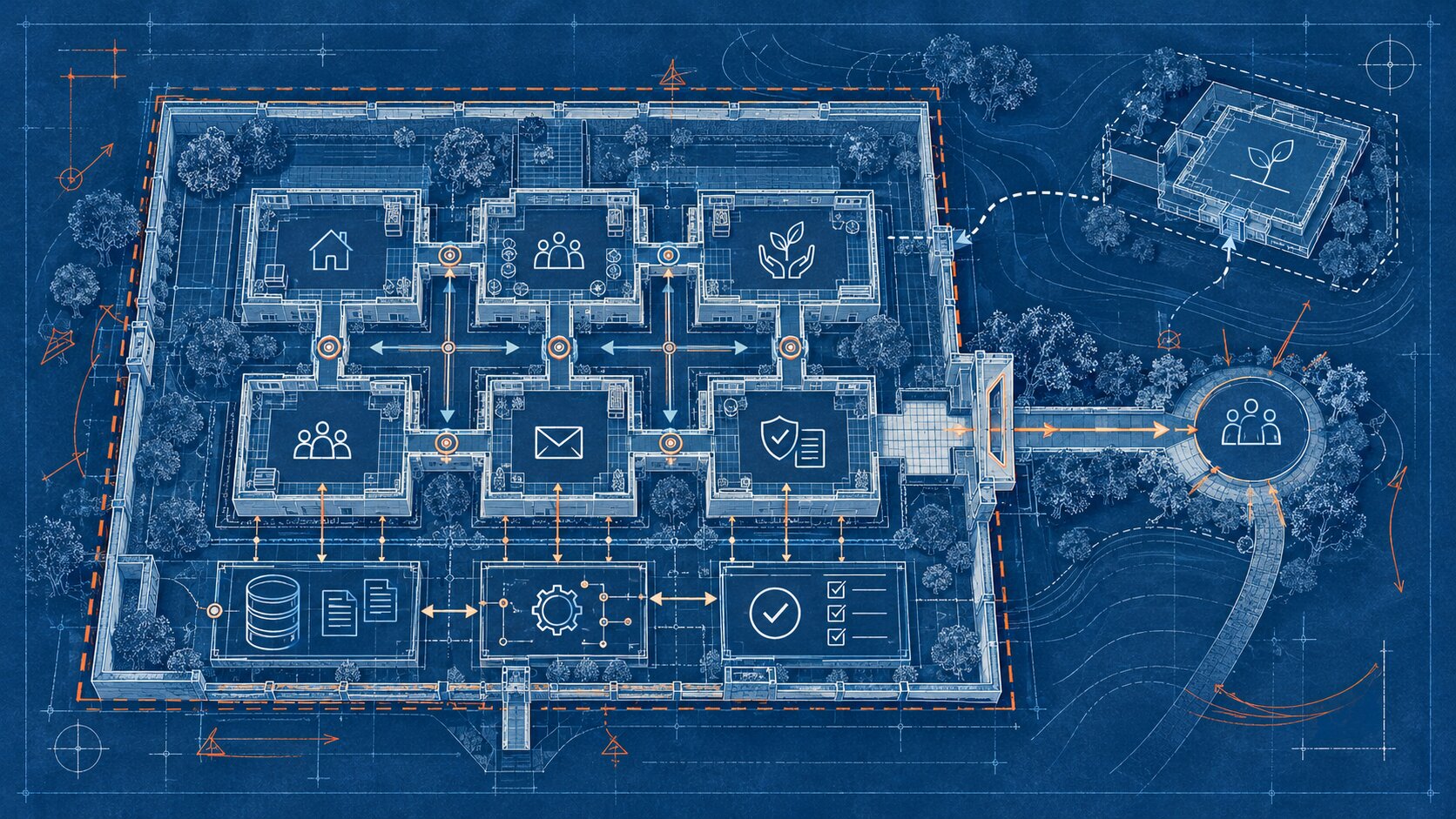 Blueprint-style editorial illustration of a nonprofit website project scope with required pages, technical connections, acceptance checks, and future extensions.