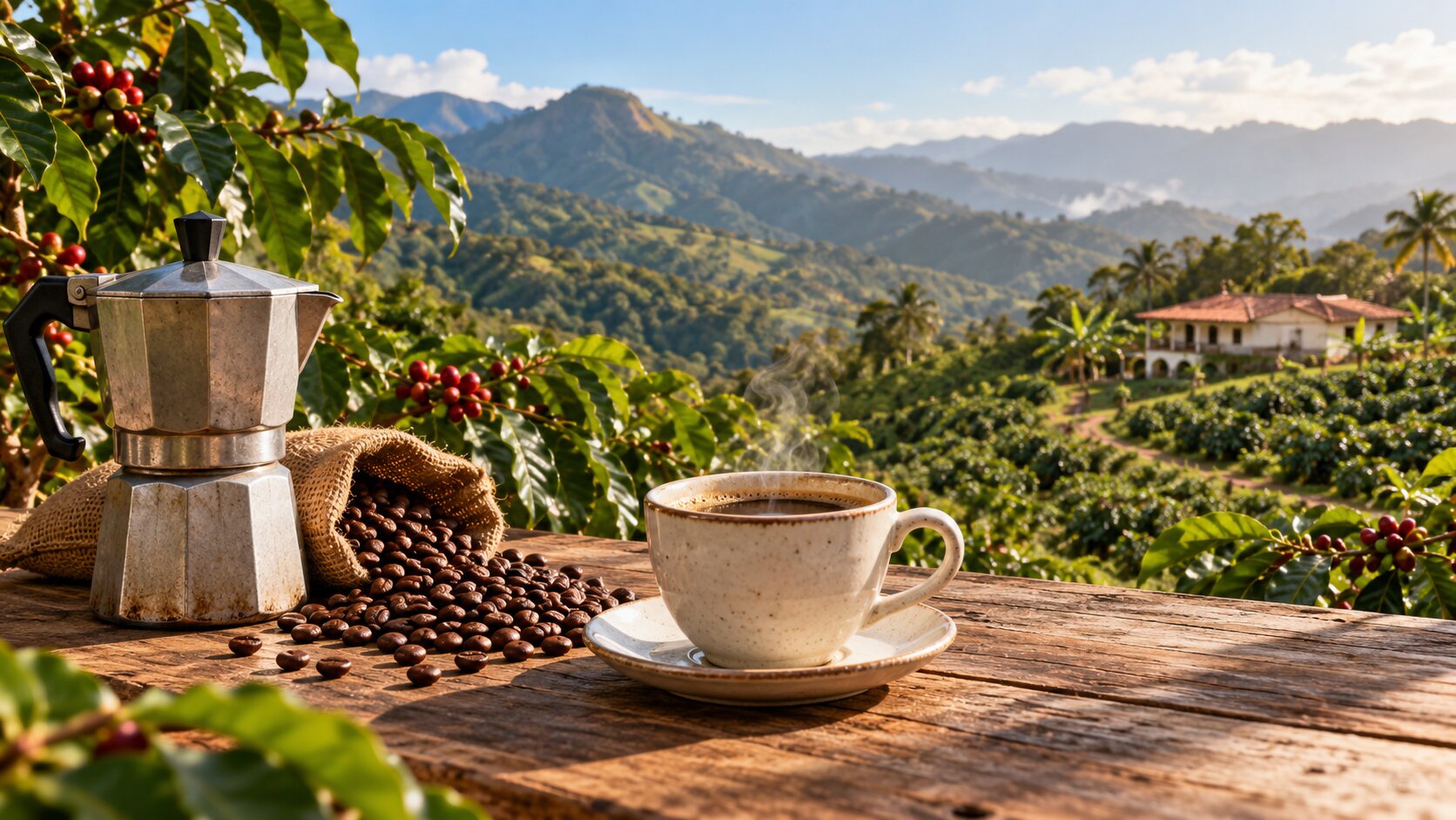 Freshly brewed Puerto Rican coffee with coffee beans overlooking a mountain coffee farm in Puerto Rico.