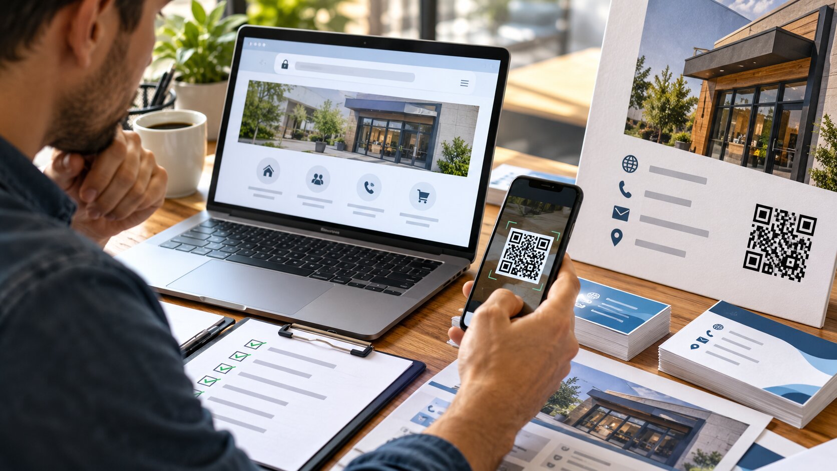 Man reviewing website mockup, printed business materials, and scanning a QR code on smartphone as part of pre-print verification process