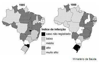 Os mapas abaixo apresentam informações acerca dos índices de infecção por leishmaniose tegumentar americana (LTA) em 1985 e 1999.