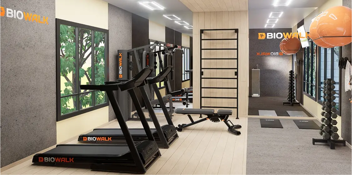 Academia de condomínio de 25 metros quadrados com equipamentos profissionais