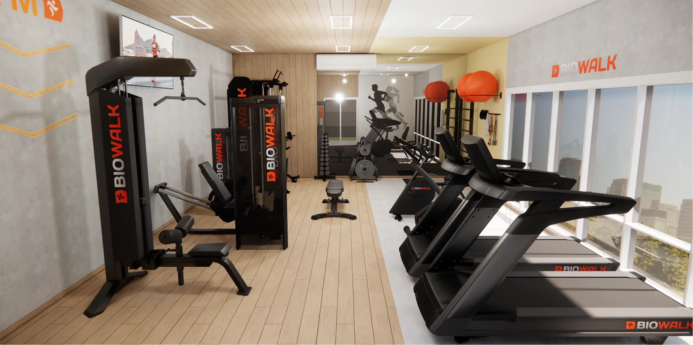 Academia de condomínio de 45 metros quadrados com equipamentos profissionais