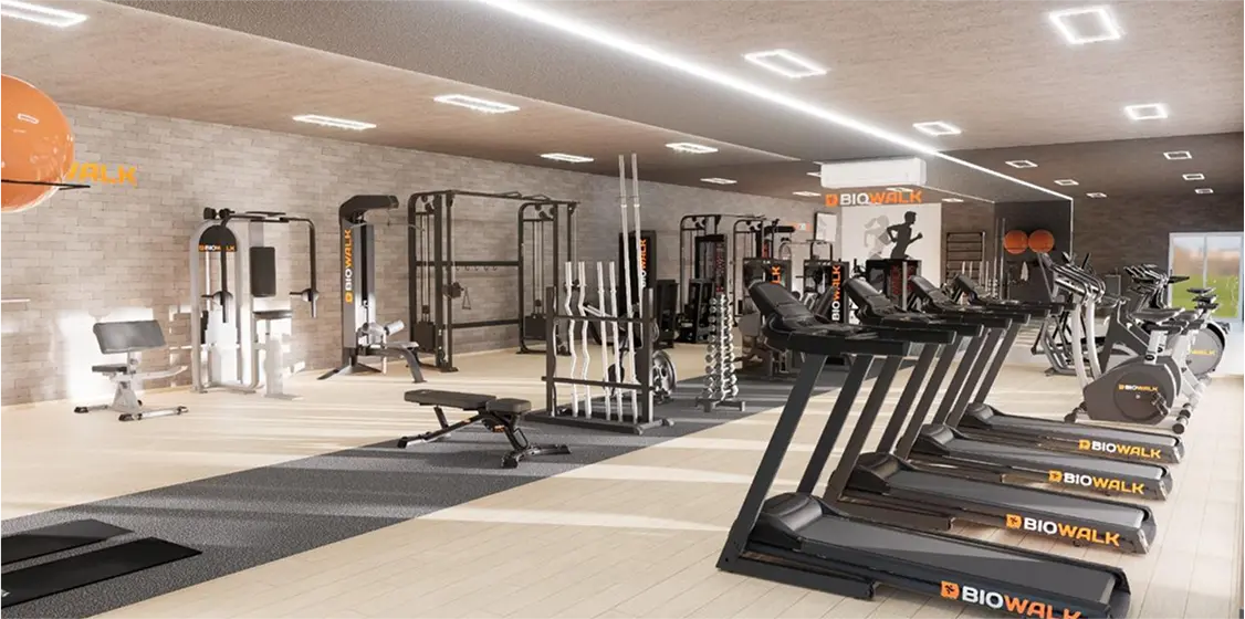Academia de condomínio de 150 metros quadrados com equipamentos profissionais