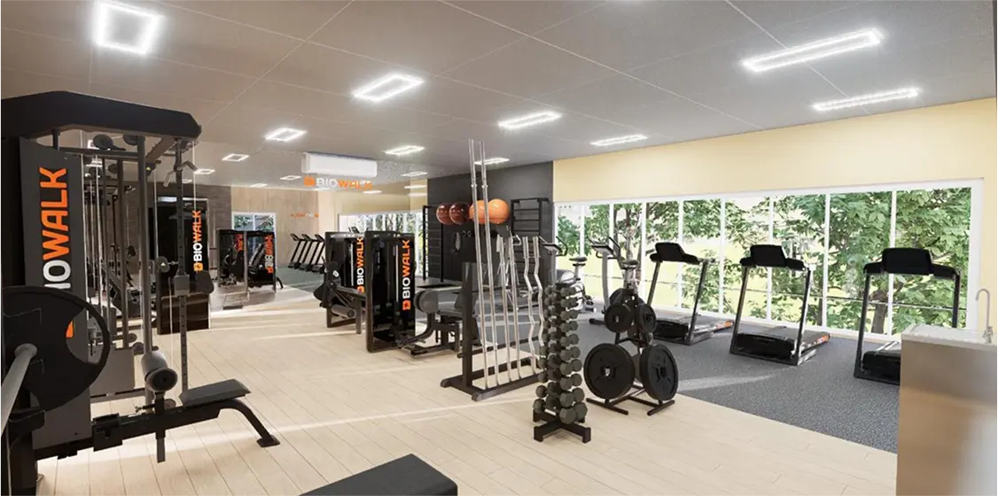 Academia de condomínio de 90 metros quadrados com equipamentos profissionais