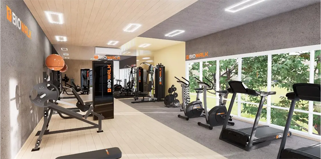 Academia de condomínio de 60 metros quadrados com equipamentos profissionais