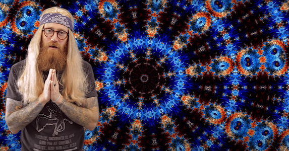 hippy narrator in front of psychedelic background