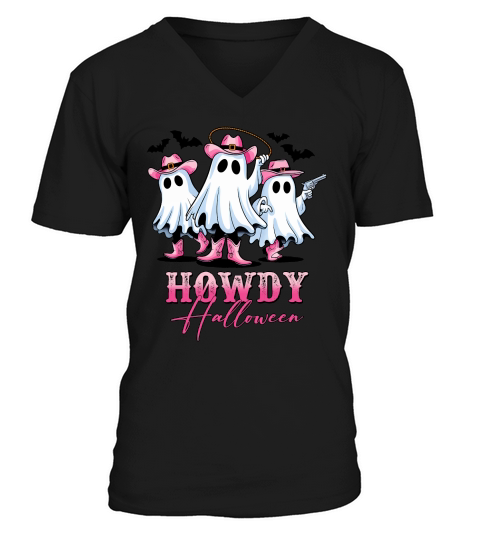 Howdy Halloween Pink Cute Ghost V-Neck T-shirt
