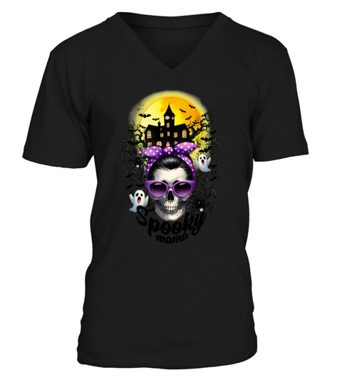 Halloween Spooky Mama Messy Bun V-Neck T-shirt