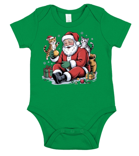 Cute Santa & Cat Holiday Sublimation Short Sleeve Baby One-Piece