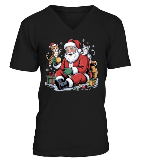 Cute Santa & Cat Holiday Sublimation V-Neck T-shirt