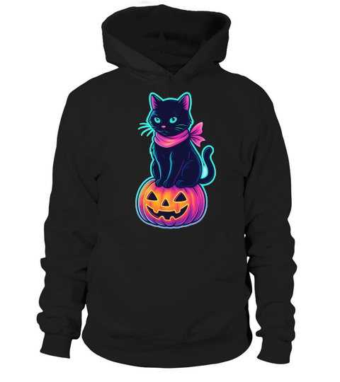 Neon Black Cat Pink Ribbon Halloween Hoodie Unisex