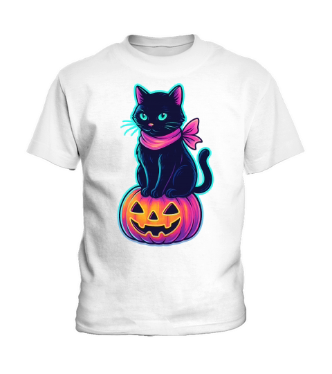 Neon Black Cat Pink Ribbon Halloween Kids T-Shirt
