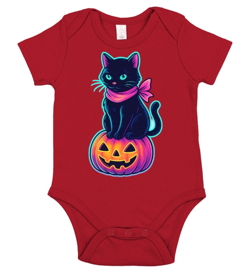 Neon Black Cat Pink Ribbon Halloween Short Sleeve Baby One-Piece