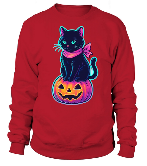 Neon Black Cat Pink Ribbon Halloween Sweatshirt Unisex