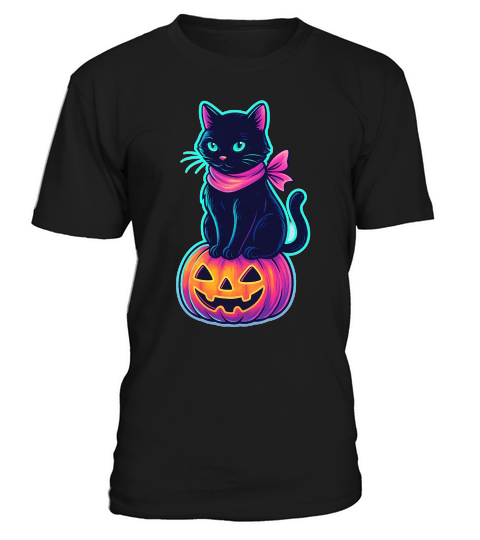 Neon Black Cat Pink Ribbon Halloween T-Shirt Unisex