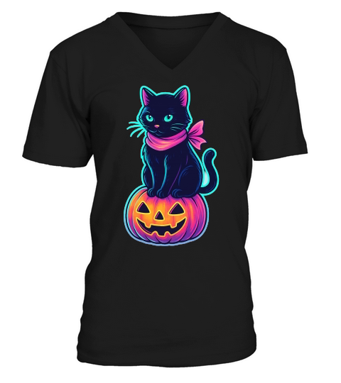 Neon Black Cat Pink Ribbon Halloween V-Neck T-shirt