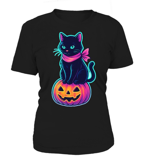 Neon Black Cat Pink Ribbon Halloween Women's T-Shirt
