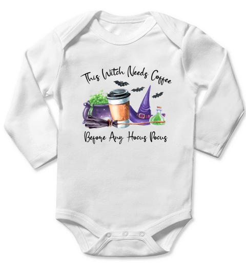 This Witch Needs Coffee Before Any Hocus Halloween Long Sleeve Baby One-Piece