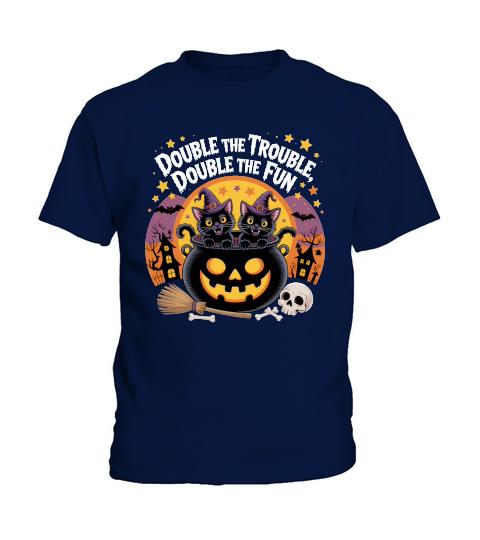Double the Trouble Halloween Cats Kids T-Shirt