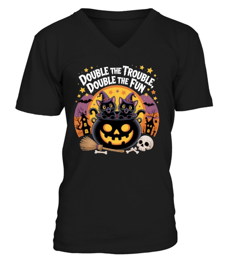 Double the Trouble Halloween Cats V-Neck T-shirt