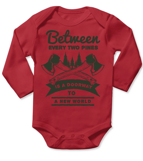 Between two pines is a doorway to A New World Long Sleeve Baby One-Piece
