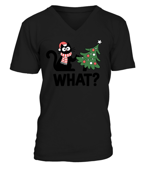 Funny Black Cat Christmas Tree V-Neck T-shirt