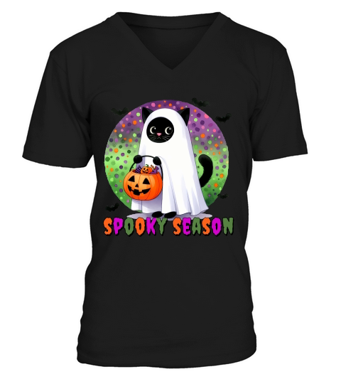 Spooky Season Ghost Cat V-Neck T-shirt