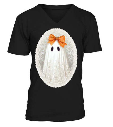 Vintage Lace Ghost Bow Halloween V-Neck T-shirt