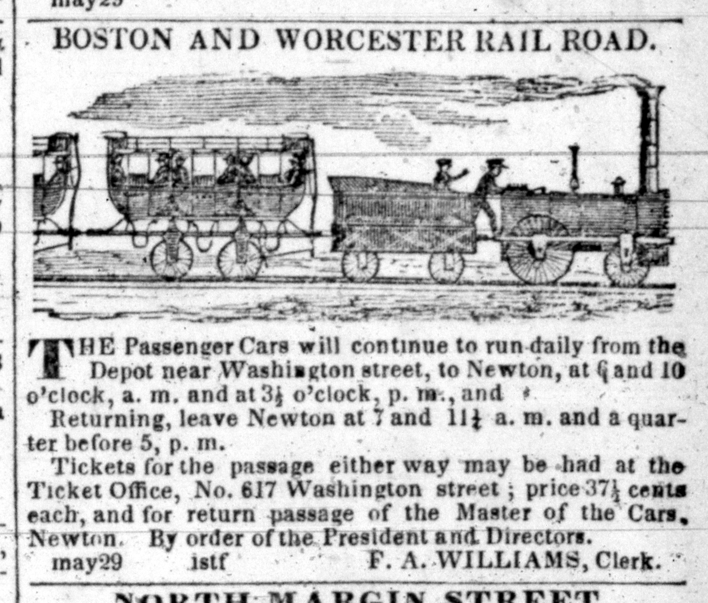 Image of Boston & Worcester Railroad advertisement in May 29, 1834 issue of “Boston Courier”