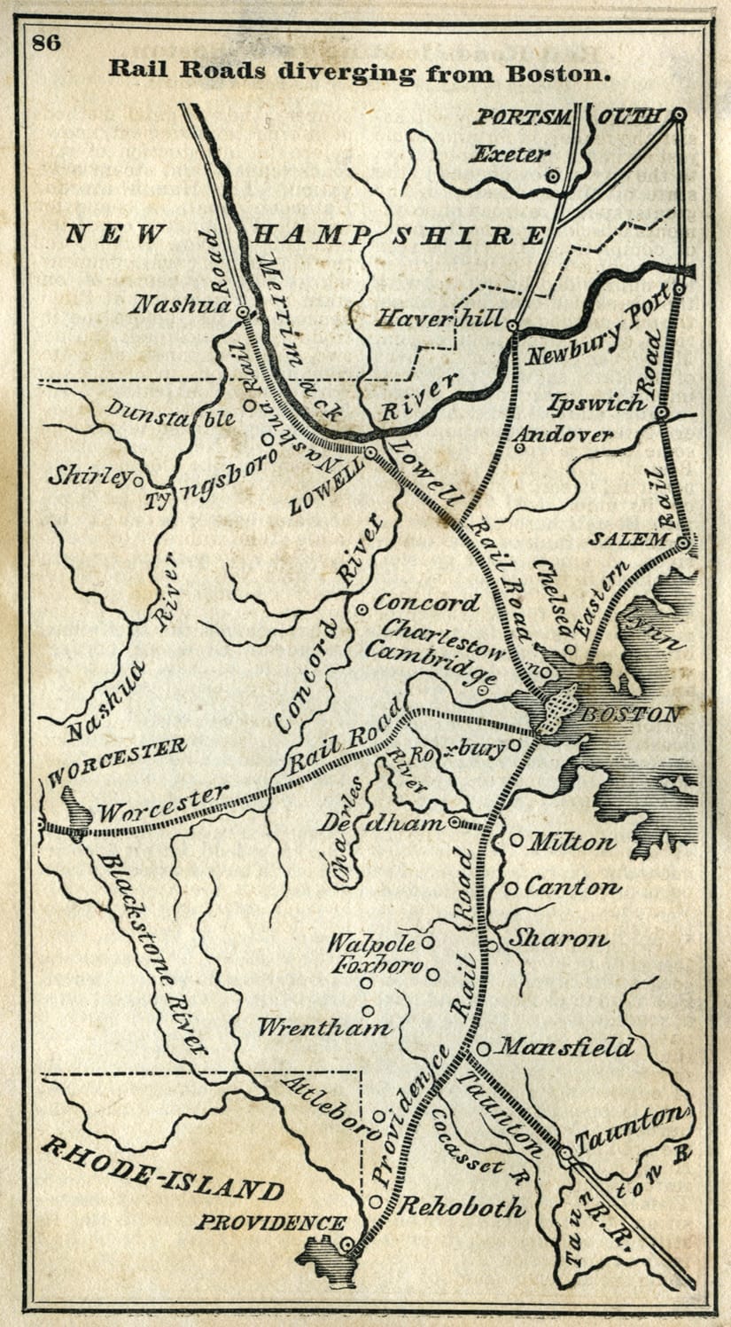 Image of “Railroads Diverging From Boston” from “The Boston Almanac”